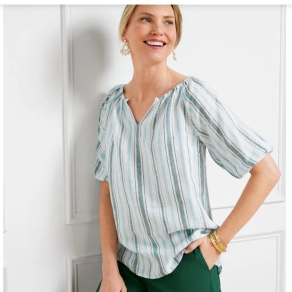 Talbots 100% Linen Popover Breezy‎ Stripe Short Sleeve Split Neck Top Size MP